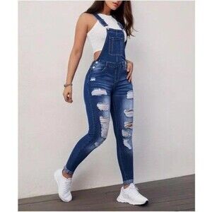 FLVSUN WOMEN Tomgirl Sexy womens Distressed Denim Bib Straight Leg Overalls Sz S